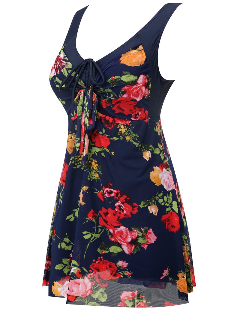 wantdo Women's Plus Size Swimdress Flower Printed Swimwear Cover Up Swimsuits Navy Red US 18-20 - Image 3